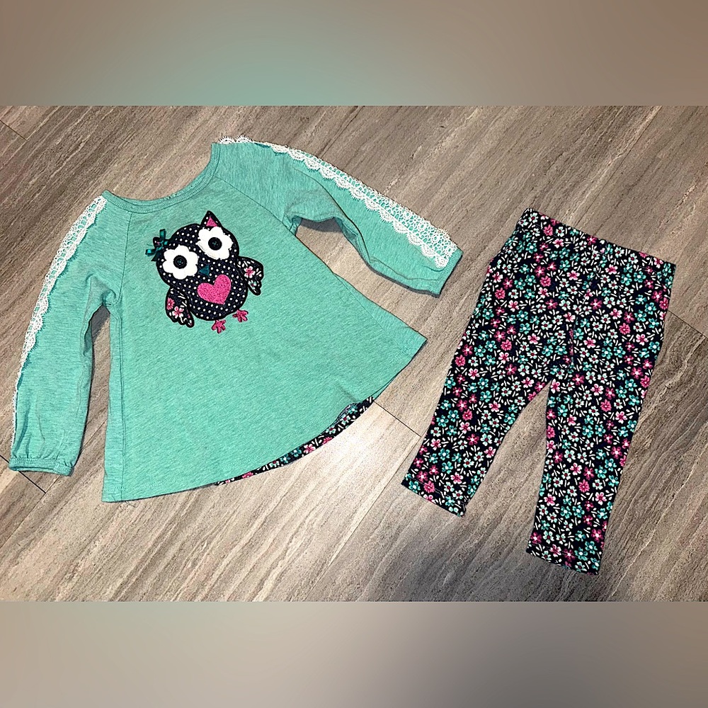 Kids Headquarters Boutique style Owl Outfit w/ Floral Leggings Sz 2T